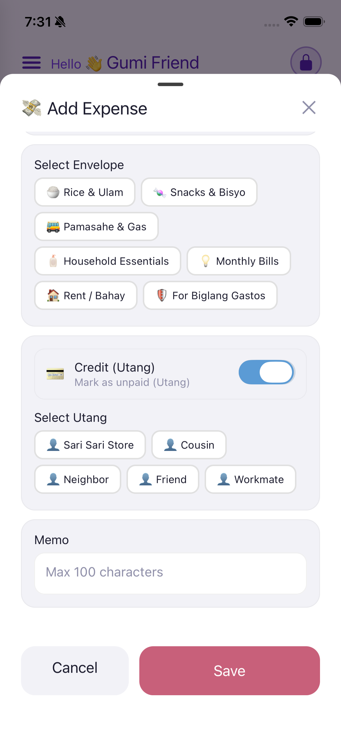 Add Expense Utang and Memo