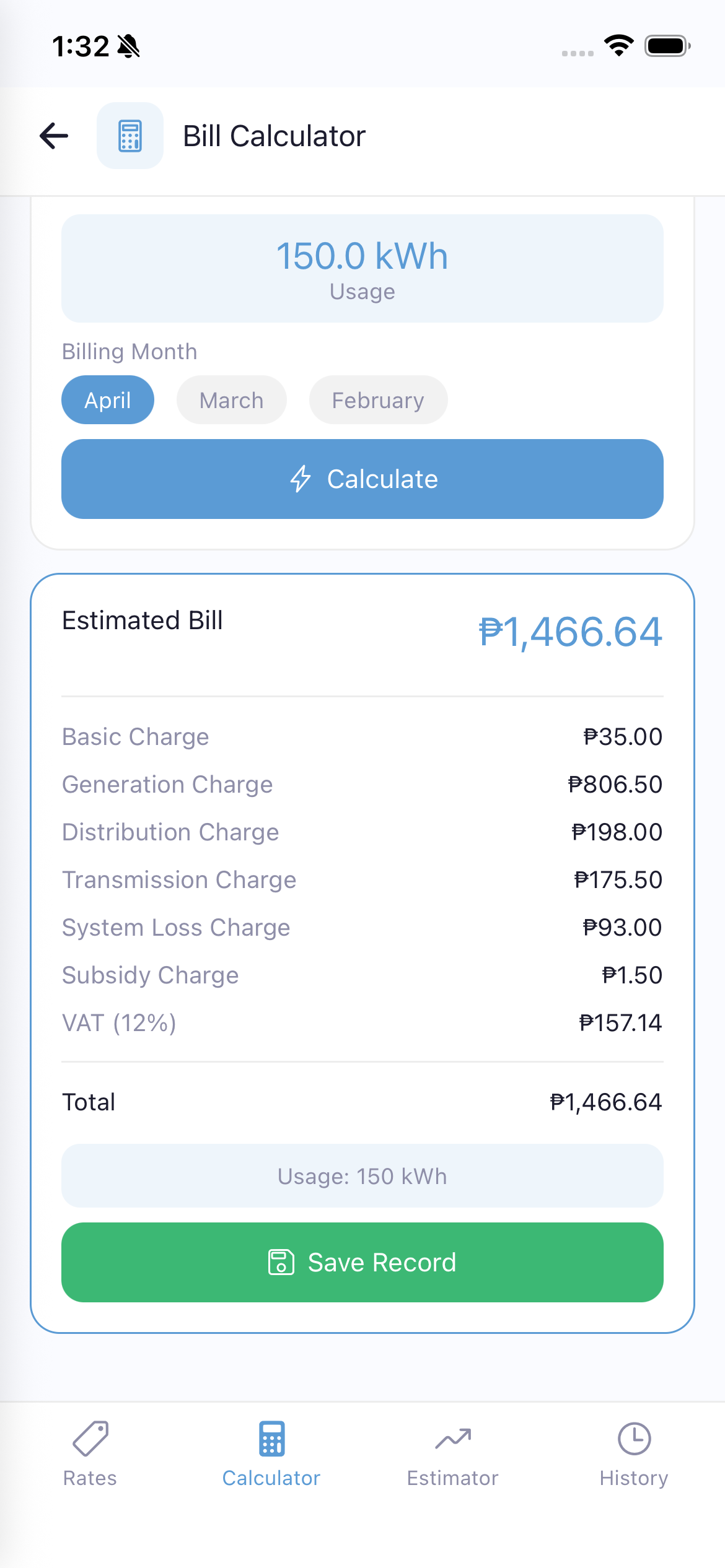 Bill Calculator result