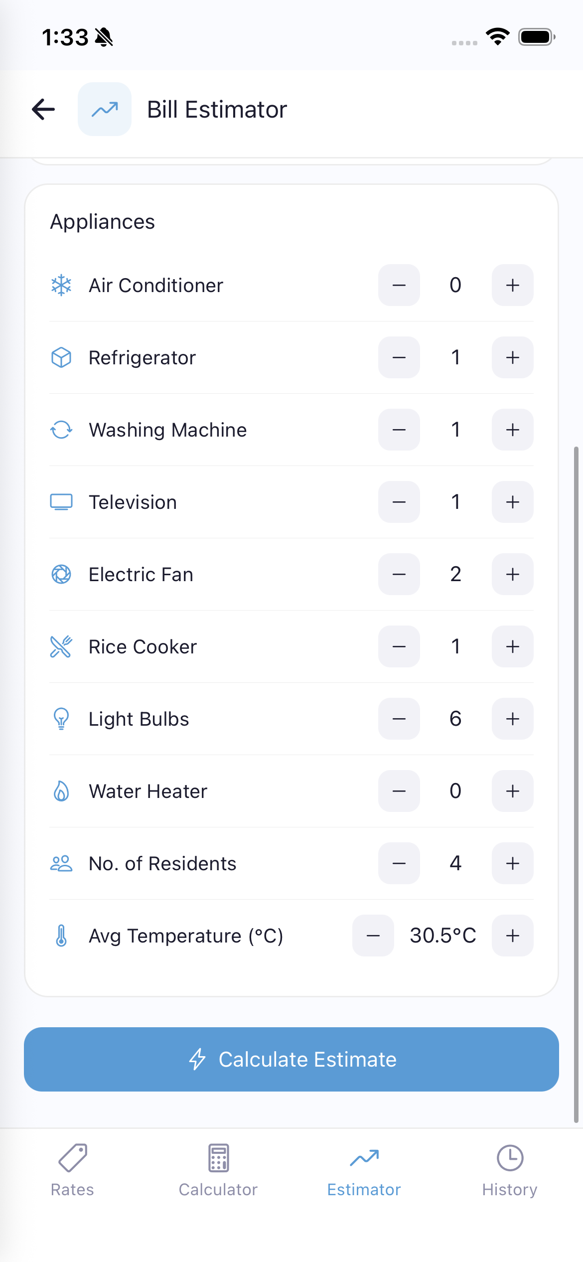 Bill Estimator appliances