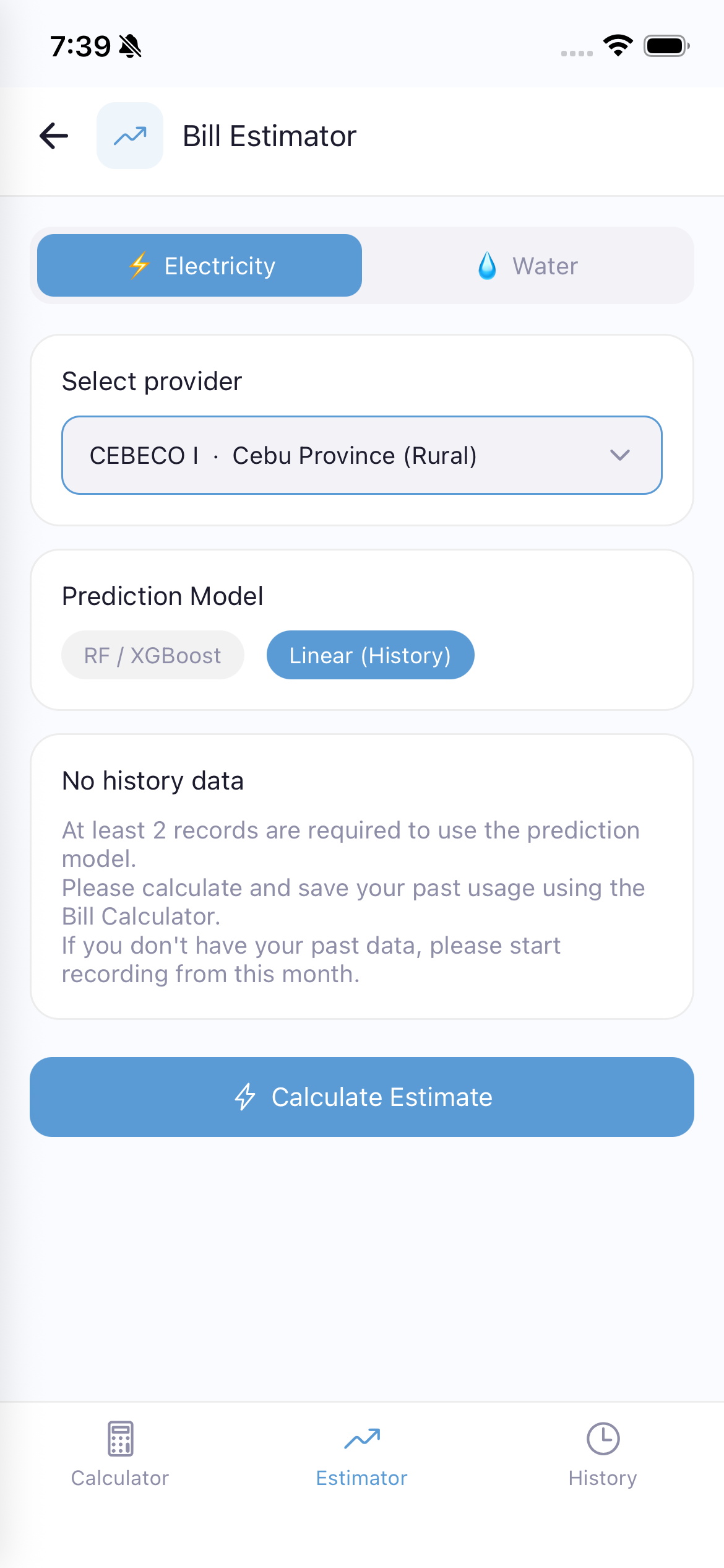 Bill Estimator history mode