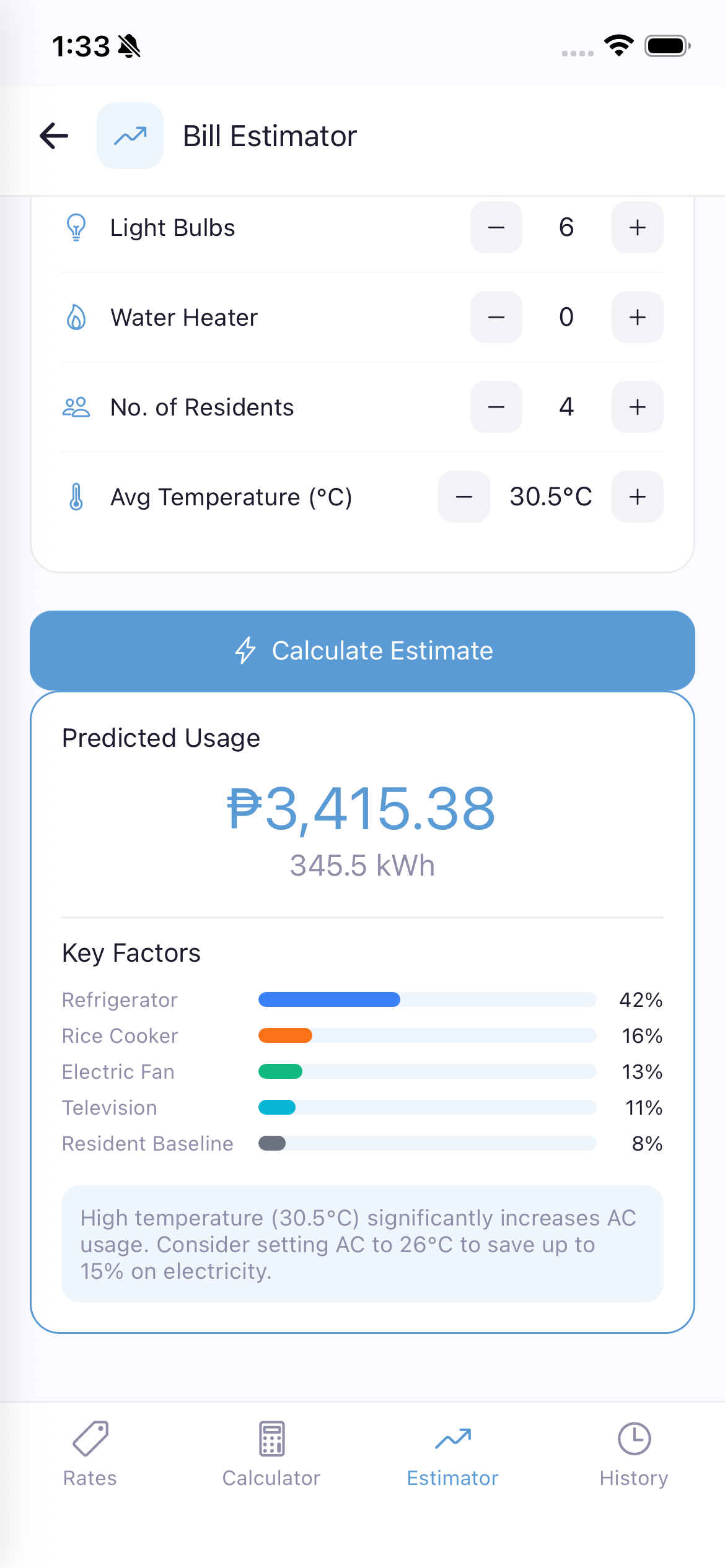 Bill Estimator result