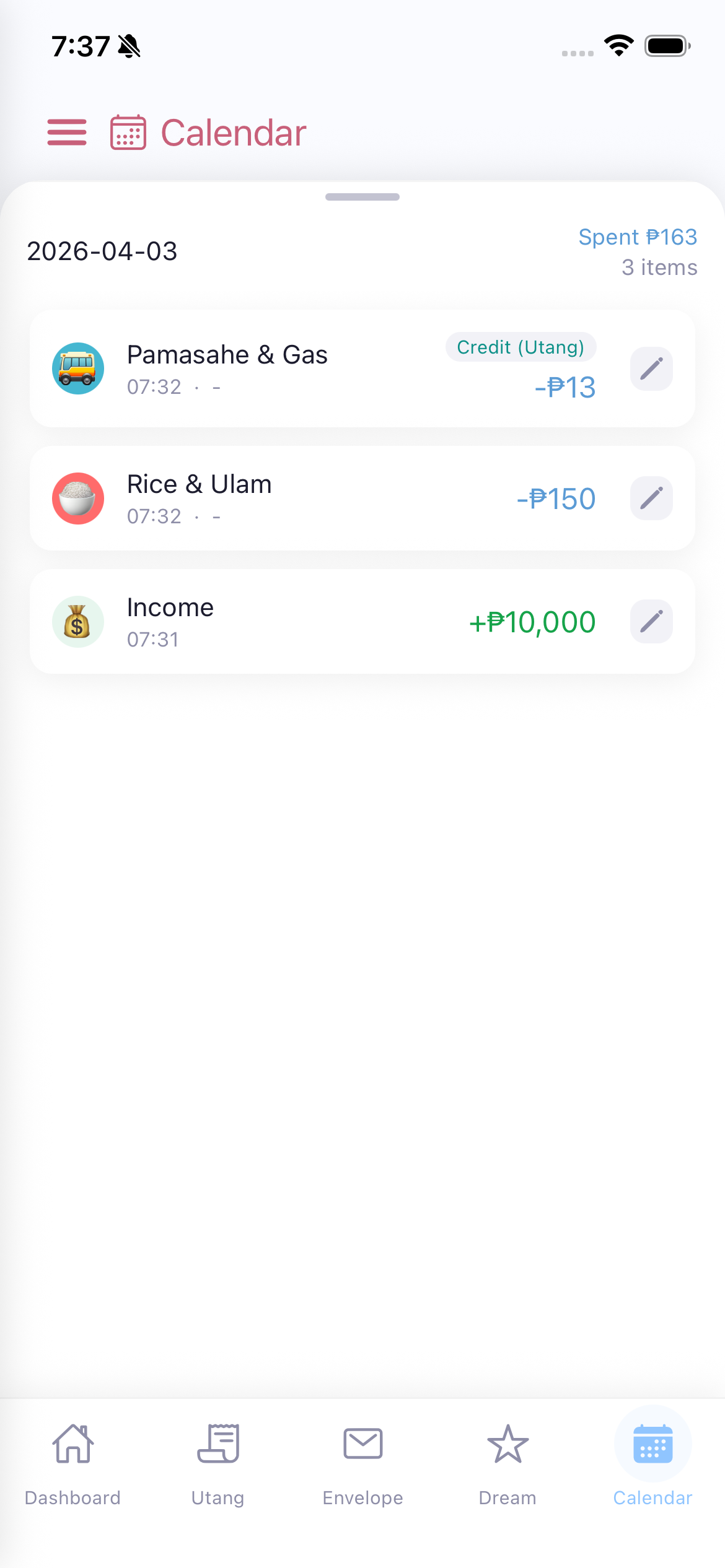 Calendar list expanded