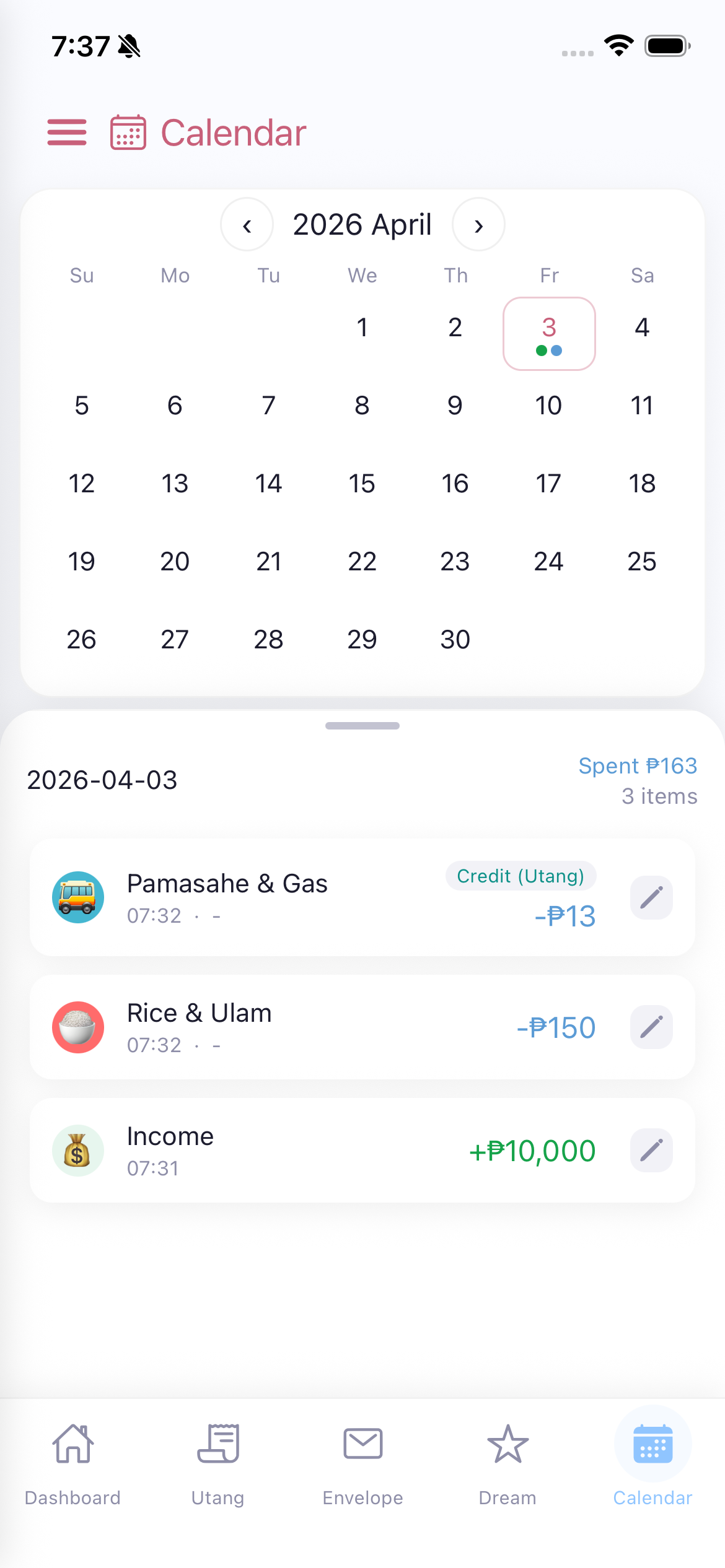 Calendar with items