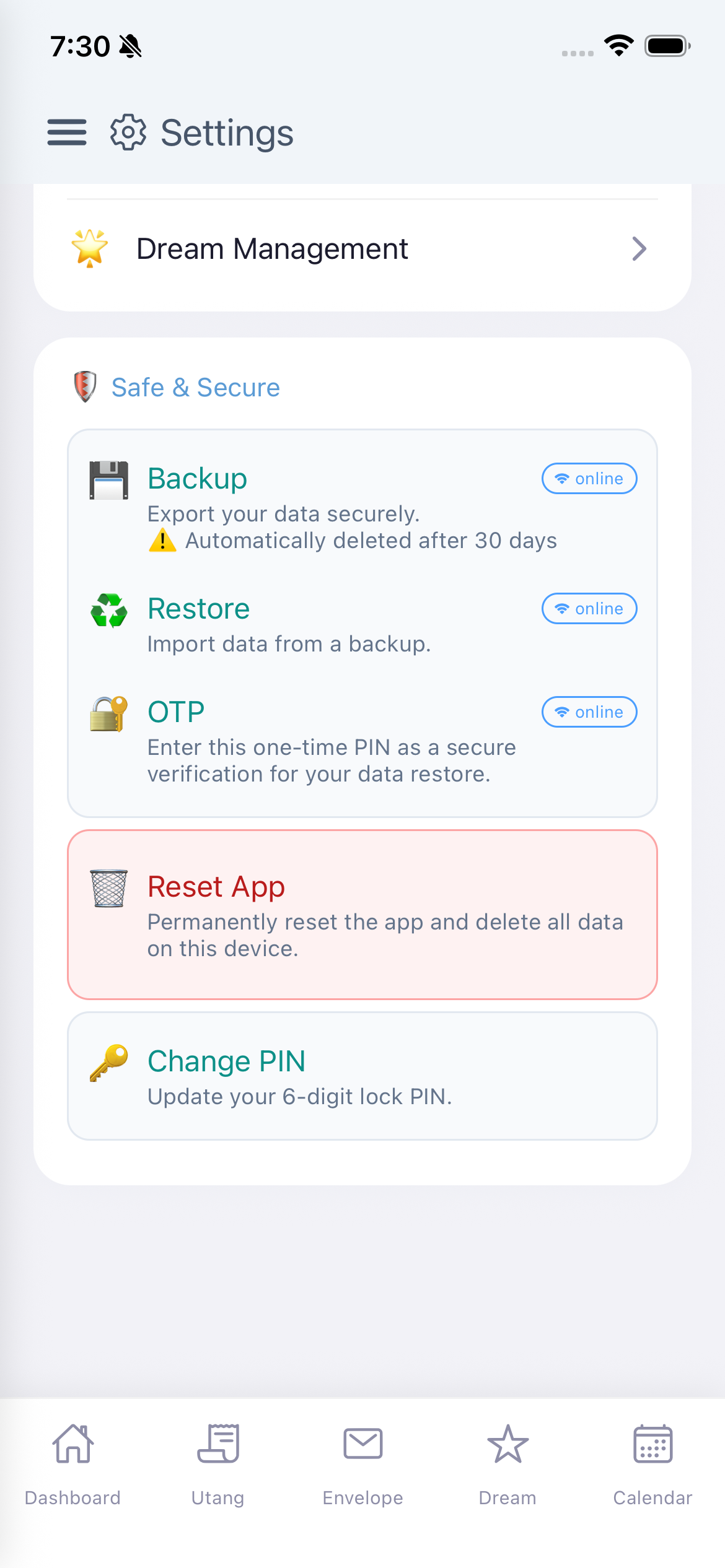 Settings safe & secure