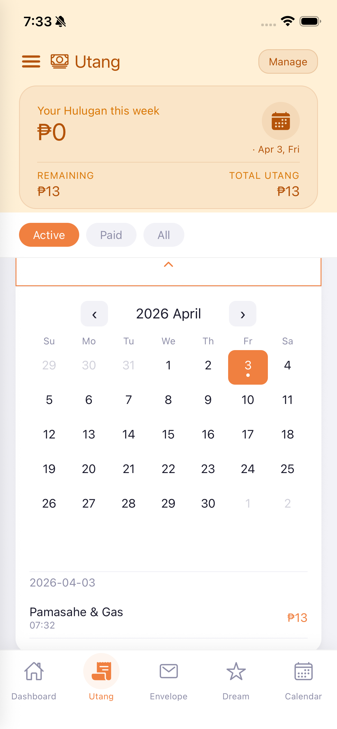 Utang calendar